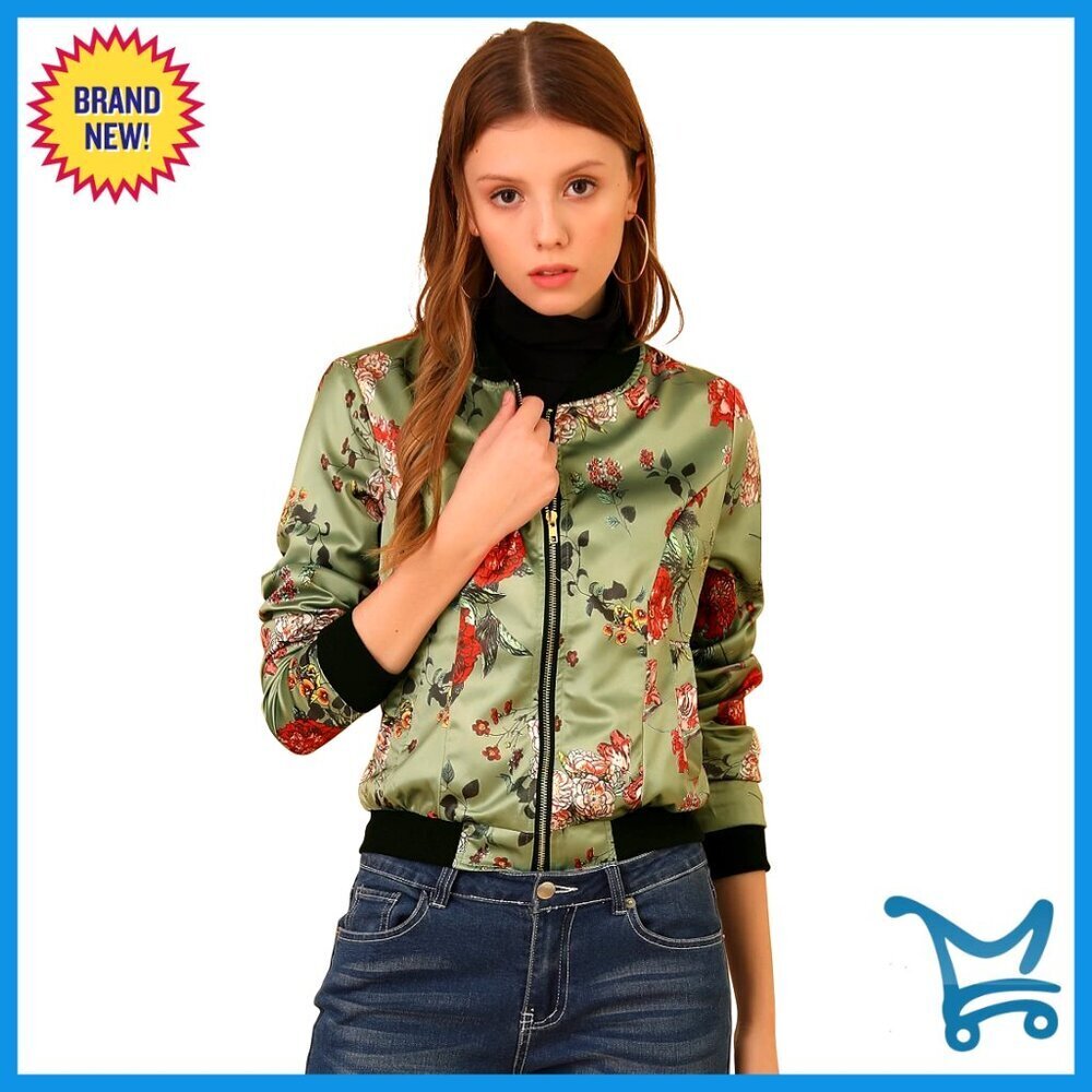 Satin Bomber Jacket with Floral Print, Long Sleeve, Zip Front, Pockets